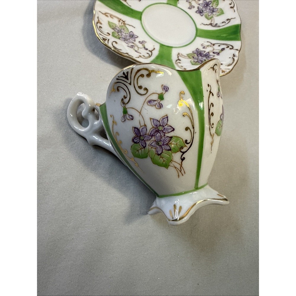 Vtg Hand Painted Japan Demitasse Cup Saucer Footed Green Gold Purple Floral - Picture 3 of 8